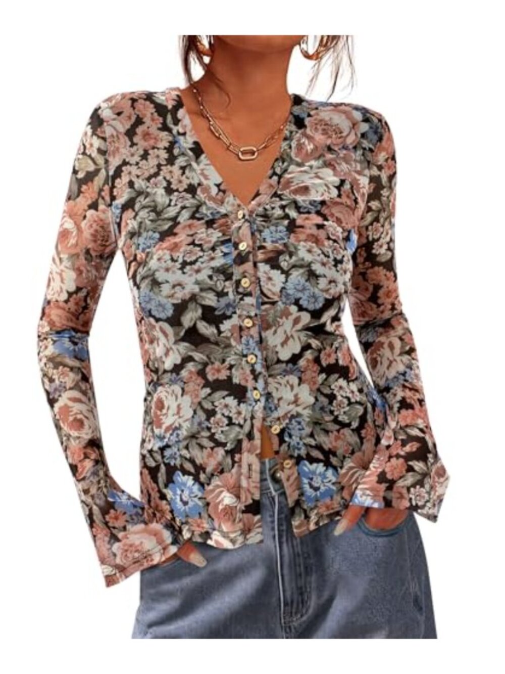 Women's Button Down V Neck Long Sleeve Floral Blouse Slim Fit Mesh Top
